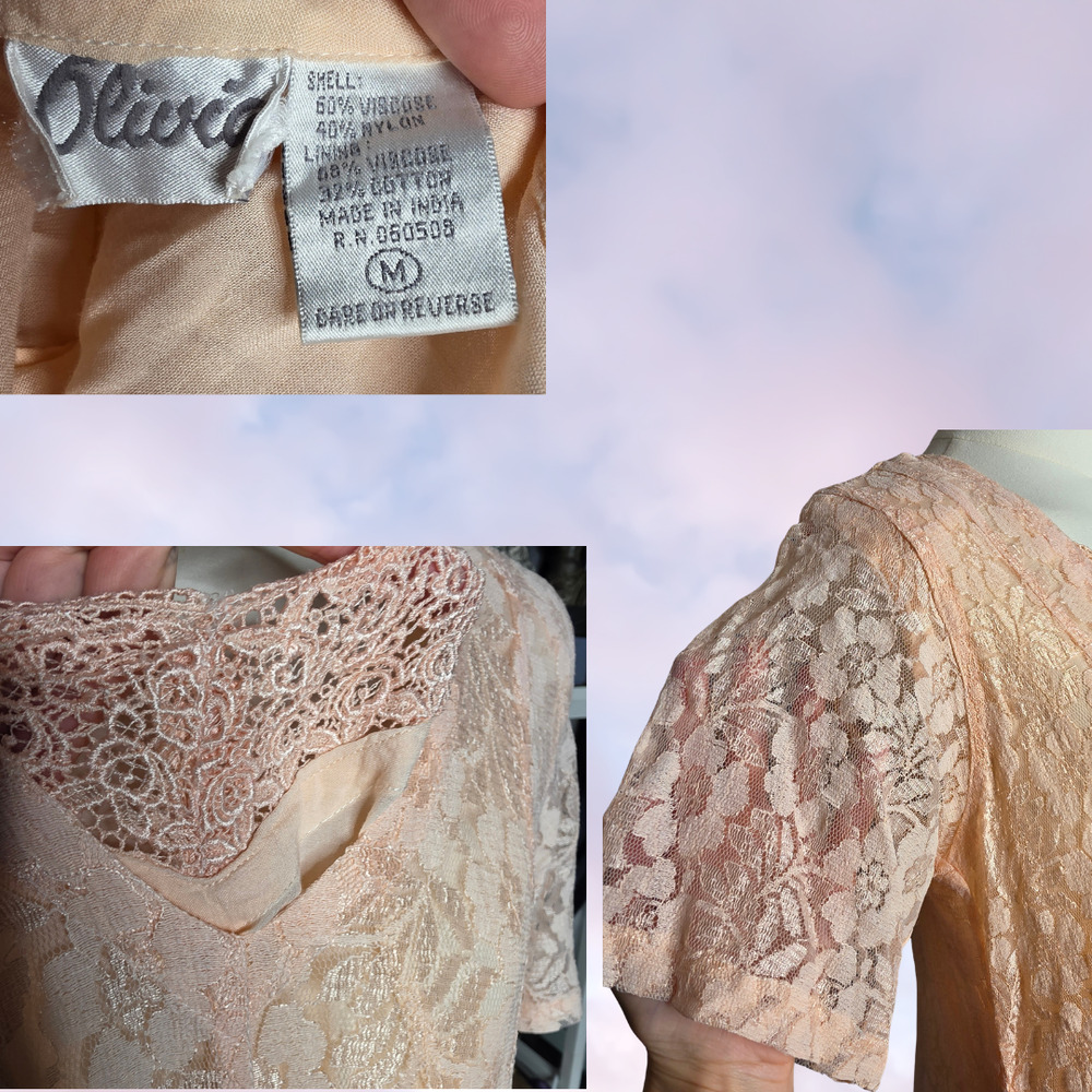 90s Vtg Olivia Long Maxi Peach Pink Lace Layered Whimsy Fairy Cottage Dress Sz M - Picture 5 of 6